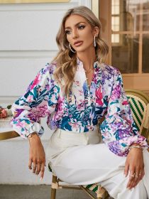 Simplee Elegant lantern sleeve loose print women shirt Spring office buttons casual blouse Floral boho patchwork female top 2023 (size: S)