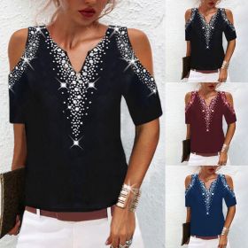 Women Fashion Sequined Tops Summer Short Sleeve Cold Shoulder V Neck Printed Club Party Shirts Elegant Casual Loose Tee Tops New (Color: Dark Blue, size: S)