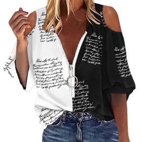 Elegant Off Shoulder Shirt Blouse Women Casual Letter Print V Neck Zipper Tops Patchwork Loose Shirt Top Long Sleeve Blouse (Color: D, size: S)