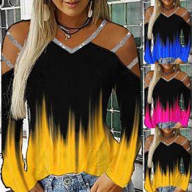 Gradient Printed Women's Shirt Casual Loose Blouses Women Hollow Out Long Sleeves V Neck Off Shoulder Blousess Tops Women (Color: D, size: L)