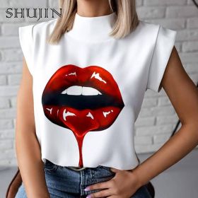 SHUJIN 2021 Fashion Women Elegant Lips Print Tops Blouse Shirts Summer Ladies Office Casual Stand Neck Pullovers Eye Blusa Tops (Color: White, size: XL)