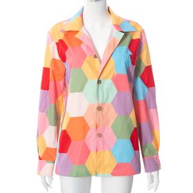 Women Lapel Panelled Shirts Long Sleeve Chic Hexagon Print Cardigan 2022 Spring New Fashion Single Breasted Ladies Office Shirt (Color: Multicolor printing, size: S)