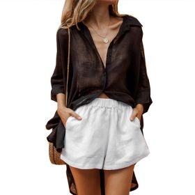 Solid Cotton Linen Blouses Women Shirt Half Sleeve Women's Shirts 2021 Summer Casual Fashion Woman Blouses Short Front Long Back (Color: Black, size: XL)
