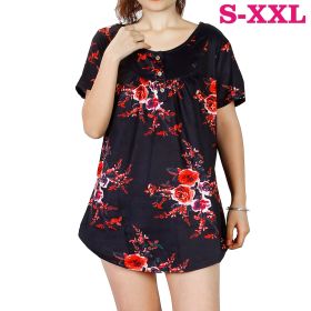 Women Summer Shirts Tops Loose Short Sleeve T Shirts Casual Floral Printed Button Shirts Blouse S-XXL (Color: Black, size: M)