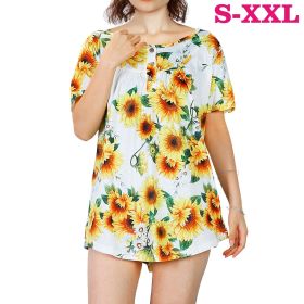 Women Summer Shirts Tops Loose Short Sleeve T Shirts Casual Floral Printed Button Shirts Blouse S-XXL (Color: Yellow, size: S)