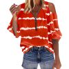 Elegant Off Shoulder Shirt Blouse Women Casual Letter Print V Neck Zipper Tops Patchwork Loose Shirt Top Long Sleeve Blouse