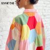 Women Lapel Panelled Shirts Long Sleeve Chic Hexagon Print Cardigan 2022 Spring New Fashion Single Breasted Ladies Office Shirt