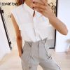 White Sleeveless Shoulder Padded Shirt Female Stand Collar Pockets Elegant All-match Women shirts 2021 Summer Casual Fashion Top